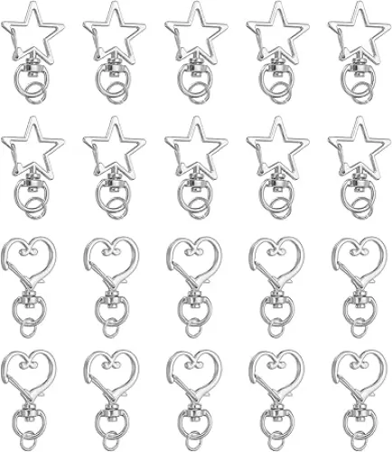 uxcell 40 Pcs Metal Spring Snap Keychain Clip, Star Heart Shape Swivel Snap Hooks Lobster Claw Clasp with Open Jump Ring for DIY Crafts Bag Decoration, Silver