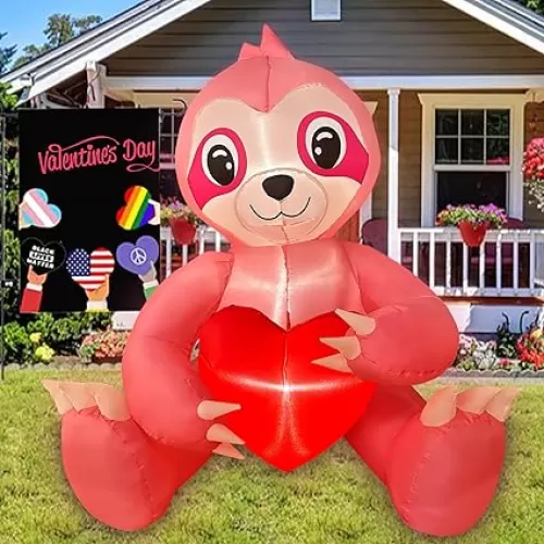 Valentines Day Inflatables Pink Sloth with Heart, 3.5FT LED Lighted Valentines Blow up for Romantic Wedding Anniversary Assignation Party Decor