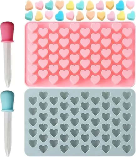 Verdental Small Heart Shaped Silicone Candy Mold Set - Non-stick Decorative Cake Molds for Chocolate, Gummies, Ice, Sugar Cubes, Soap and Treats (Blue and Pink)