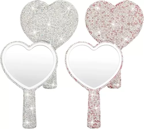 Vin Beauty 2 Pcs Rhinestone Heart Handheld Mirror White and Pink Bling Heart Shape Mirror Portable Cute Handheld Mirrors Travel Makeup Lash Mirrors for Eyelash Extensions Bride Wedding Decorative