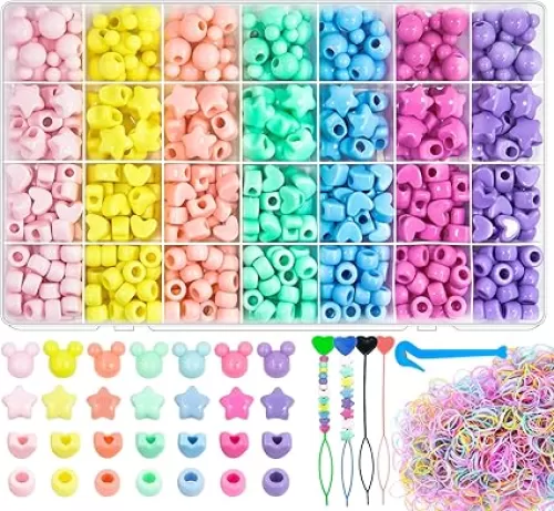 Wavlakth 1460 Pcs Hair Beads for Braids Girls, Acrylic Heart Star Pony Bead Mickey Pastel Beads with Elastic Rubber Band Threaders Kit Cute Kandi Fun Beads for Girl Hair Bracelets Jewelry Making