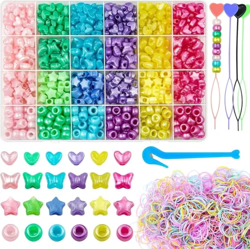 Wavlakth 1770Pcs Heart Star Pony Beads Hair Bead for Braid, Acrylic Butterfly Large Hole Pony Beads with Elastic Rubber Band Threader for Bracelets Earring Necklace Jewelry Making (Pearl-Color)