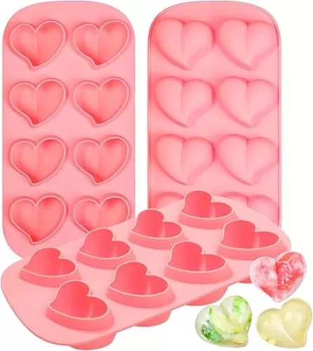 Webake Heart Shpaed Ice Cube Trays, 8-Cavity Heart Silicone Molds for Whiskey, Cocktail, Chocolate, Ice Cubes, Candy with Fun Shapes (Pack of 3)
