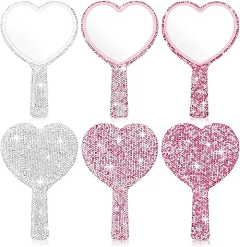 Whaline 3Pcs Rhinestone Handheld Mirror Heart Shaped Dazzling Makeup Hand Mirrors Pink Silver Rose Red Portable Cosmetic Mirror with Handle for Women Bride Gifts, 6.3x4.3 in