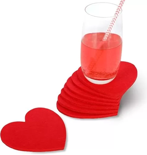 Whaline 8Pcs Valentine's Day Felt Coaster Set Red Heart Drink Coasters Heart Shaped Non-Slip Absorbent Coasters for Table Protection Birthday Housewarming Gifts Valentine's Day Wedding Home Decor