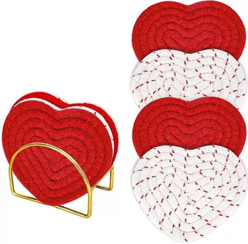 Whaline Heart Coasters Love Heart Shape Handmade Braided Cotton Drink Coasters Red White Absorbent Cup Mat with Holder For Mother's Day Valentine's Day Party Home Office Decor Housewarming Gifts, 4Pcs