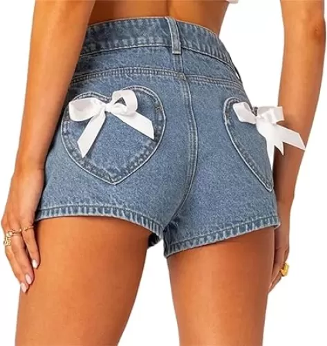 Women Cute Zipper Jeans Bow Trim Denim Shorts with Heart Pockets Y2k Vintage Stretch Mini Bottoms Streetwear