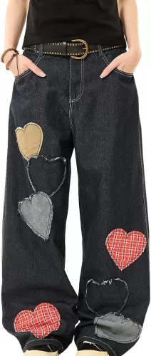 Womens Fashion Y2K Low Rise Wide Leg Jeans Vintage Casual Loose Straight Cute Heart Patch Denim Pants