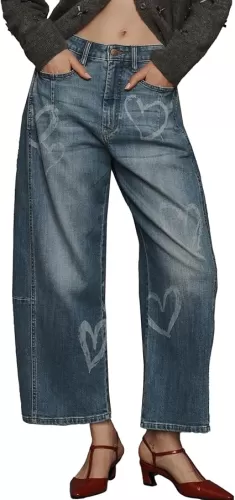 Women's Heart Barrel Jeans Wide Leg Tapered Jeans Baggy Demin Pants with Pockets