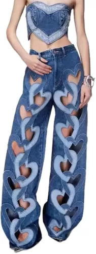 Women's High Rise Jeans Fashion Heart Cutout Jeans Baggy Straight Wide Leg Jeans with Pockets