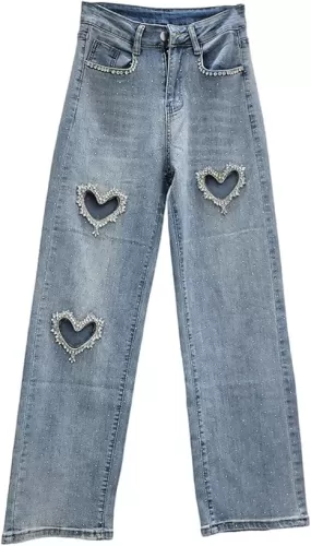 Womens High Waisted Rhinestone Jeans Heart Cutout Straight Leg Trendy Baggy Denim Pants Trousers