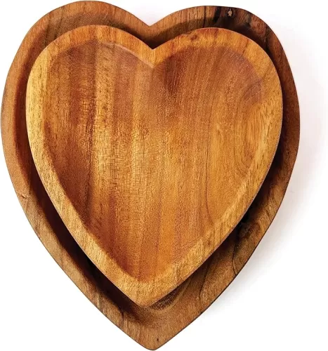 – Handcrafted Acacia Wood Serving Plates, Heart Shape Wooden Bowls, Decoration for Kitchen or Coffee Table, Dinner Plates & Appetizer Kitchen Dessert, Heart Prop (Set of 2)