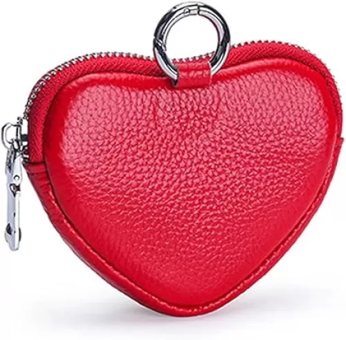 1 Pcs Red Heart Leather Coin Purse Keychain, Wrist Bag, Hand Bag, Coin Organizer, Change Holder, Card Case, Mini Leather Zipper Storage Bag for Women(Red/Gold)