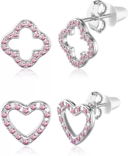 10 Pairs Earrings for Women 316L Hypoallergenic Cubic Zirconia Gold Plate Earrings Surgical Steel Heart Shape Clover Stud Earrings Sets Diamond/White/Blue/Pink/Black/Red…