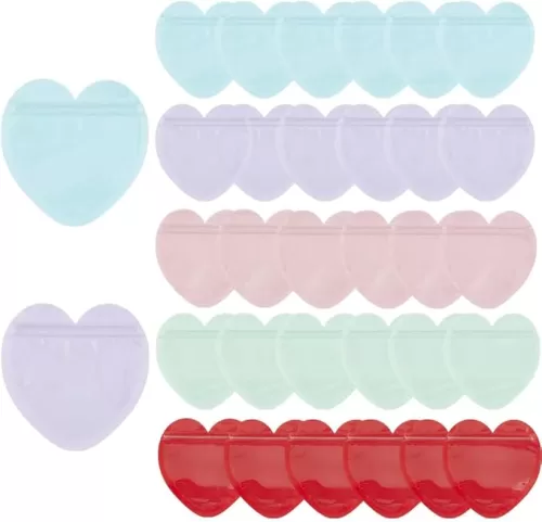 100Pcs 5 Colors 3.9 x 3.9 Inch Heart Shaped Jewelry Pouches Ziplock Packaging Bags Self Seal Plastic Pink Colorful Resealable Clear Gift Bag for Small Business Earrings Jewelry Storage Holder