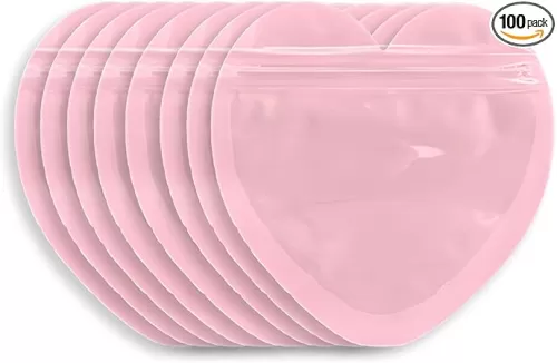 100pcs Pink Heart-Shaped Mylar Bags, 4"x4" Clear & Resealable Ziplock Packaging Bags for Business Essentials Supplies, Earring, Jewelry, Trinkets