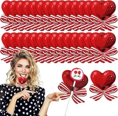 100Pcs Valentine's Day Lollipop Paper Card Heart Decor Greeting Cards Red Heart-shaped Bow Wrapping Candy Holder Wedding DIY Decoration for Women Girl Valentines Holiday Party Supplies