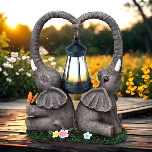 10.6" Solar Elephant Garden Statue, Double Head Heart Shaped Elephant Yard Decor, Unique Housewarming for Women, Mom, Lover