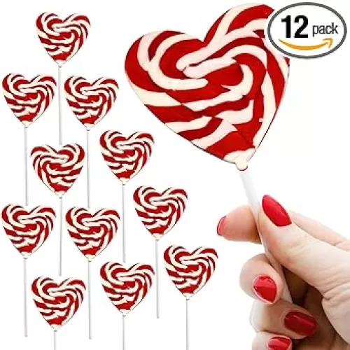 12 Heart Lollipops | HUGE 3 inch Candy Swirl Heart Shapped Red White Lollipops | Non Broken| Delicious Lollipop Candy For Children and Adults -(RED)
