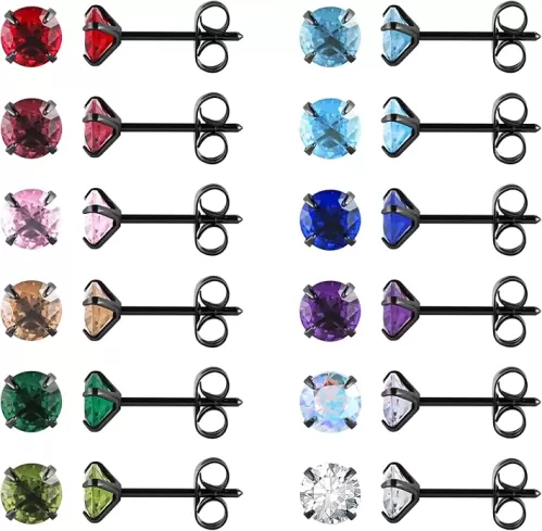 12 Pairs 18K Gold Plated Surgical Stainless Steel Stud Earrings, Star Heart Square Stud Earring for Women, Cubic Zirconia Birthstone Stud Earrings Set