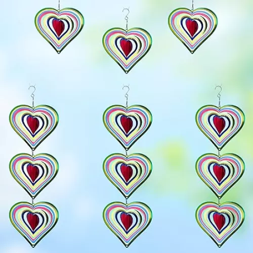 12 Pcs Heart Wind Spinners Colorful: Outdoor Garden Decor Metal Yard Lawn Ornaments with 360 Degree Swivel Hook, Reflective Bird Device Deterrent to Keep Birds Away from Porch Yard Patio Parking
