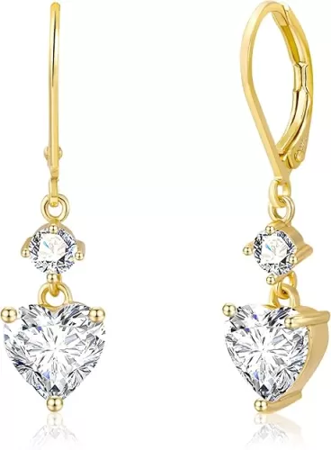 14K Gold 925 Sterling Silver Heart Dangle Earrings for Women, Silver Dangling Drop Halo Hearts Shaped Dangly Earring Cubic Zirconia Leverback Valentine Trendy Earrings