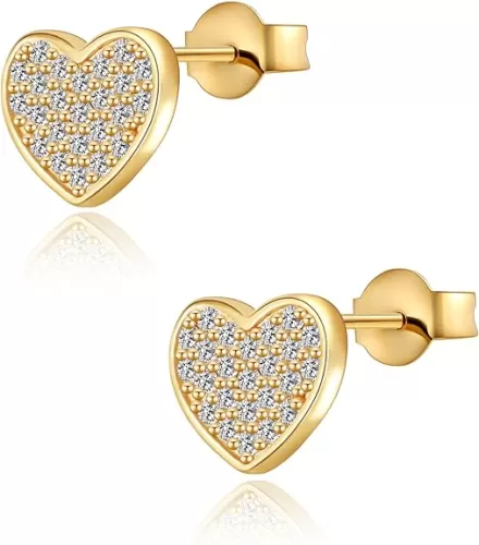 14K Gold Heart Stud Earrings with Glistening Cubic Zirconia - Butterfly Earrings for Women Pearl