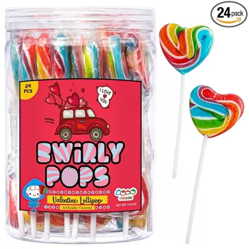 24 Heart Rainbow Lollipops Individually Wrapped, Bursting with Fruity Flavor, Great Swirl Lollipops for Kids Birthday Parties, Valentines Lollipop Party Favors and Cake Toppers, By 4YoreElves (Pack of 24)