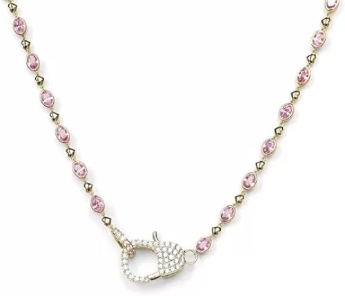 24K Gold Plated Crystal CZ Studded Open Link Necklace for Women with Crystal and Heart Chain in Pink