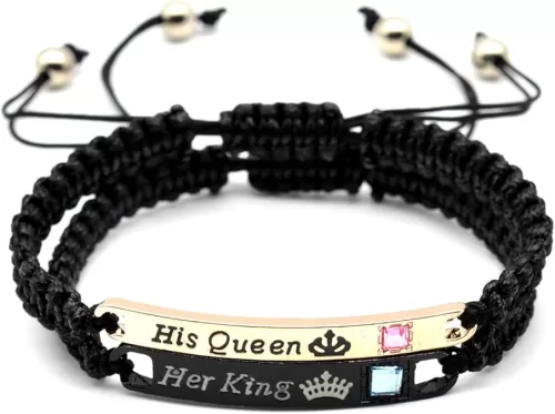 2Pcs Engraved His Queen Her King Couple Matching Bracelet Set Handmade Lucky Adjustable Braide Rope String Bracelet for Women Men Lover Protection Relationship Jewelry Gift