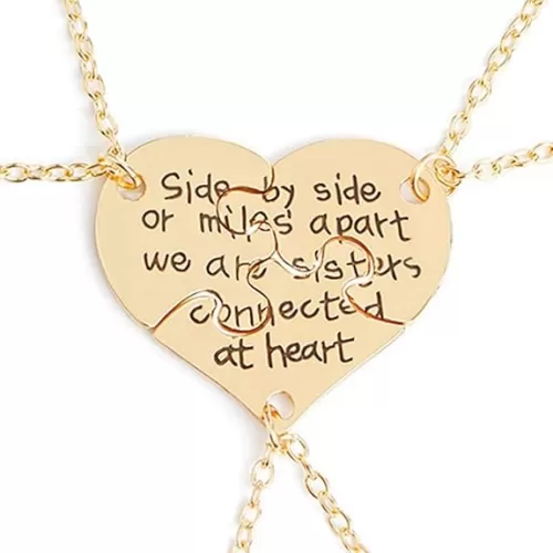 3 Pcs Best Friends Forever Engraved Necklace Broken Heart Charm Pendant Set BFF Friendship Necklace (Gold - " We are sisters connected at heart ")