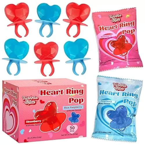 30 Pack Valentines Heart Ring Candy - Individually Wrapped -Love Heart Shaped Design & Delicious Flavor -Bulk Valentines Candy Use For Kids, Adults, Party Favor, Classroom & Office Treats, Candy Jar Fillers.