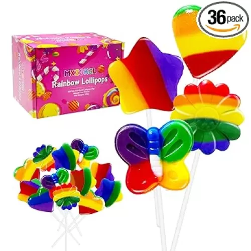 36 Pack Rainbow Flower, Colorful Butterfly, Galaxy Star & Heart Lollipop Suckers, Rainbow Swirl Lollipops Individually Wrapped Bulk, Kid's Lollipops Candy for Birthday, Net 8g Mixed Fruit Flavor