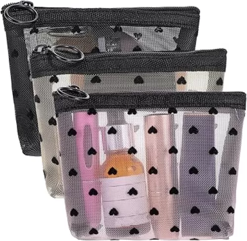 3Pcs Mesh Mini Makeup Bags, Heart Print Mini Cosmetic Bag Zipper Mesh Cosmetic Pouch Women Small Makeup Bag for Purse Portable Travel Accessories 3 Colors