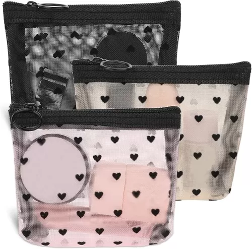 3Pcs Mini Cosmetic Bags, Heart Print Mini Zipper Mesh Bags, Lipstick Cosmetic Accessories Organizer, Mini Mesh Makeup Bag, Small Makeup Bag for Purse, Mini Zipper Mesh Cosmetic Bag for Women, 3 Colors