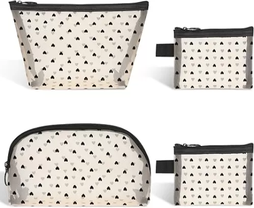 4 Pack Small Mesh Pouch Makeup Bags Zipper Mesh Heart Print Cosmetic Bags Storage Pouch for Women, Makeup Lipstick Cosmetic Accessories Organizer Bag, Small Travel Kit Storage, black