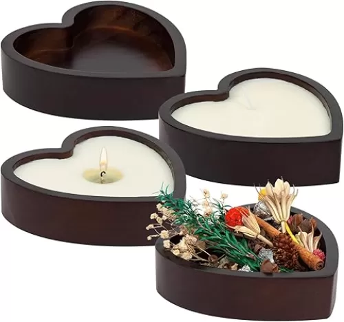 4 Pcs Decorative Heart Shaped Bowls - Wooden Heart Tray, Dough Bowls for DIY Candles, Home Decor, Valentine