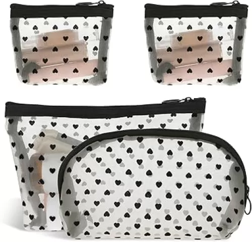 4 Pcs Heart Print Mesh Makeup Bags, Mesh Makeup Bag with Zipper Portable Mesh Storage Organizer Travel Cosmetic Accessories for Women Home Office Travel