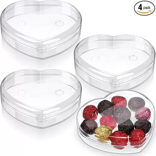 LOYIM 4 Pcs Mother's Day Heart Shaped Plastic Container 5.9" W x 1.6" H Clear Storage Gift Box with Lid Anti Slip Ring Heart Dessert Plates Snack Tray for Teacher Nurse Gift Wrapping