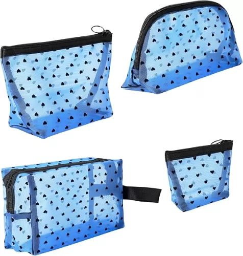 4 Pieces Mesh Cosmetic Bags Set, Portable Travel Mesh Makeup Bag, Heart Pattern Zipper Pouch Toiletry Bag for Women Girls (Blue)
