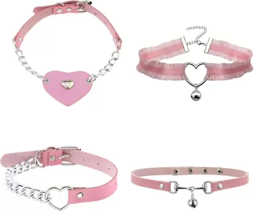 4 Pieces Personality Sweet Cool Leather Heart Love Collar Necklace Punk Metal Splicing Bell Pendant Neck Chain Collarbone Chain Lace Choker