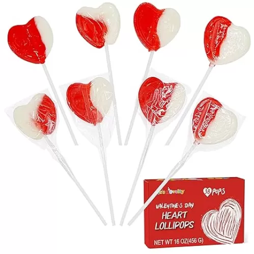 4E's Novelty 38 Pack Heart Shaped Lollipops, Strawberry and Cream Flavored, Individually Wrapped Valentines Suckers for Kids Adults Party Favors