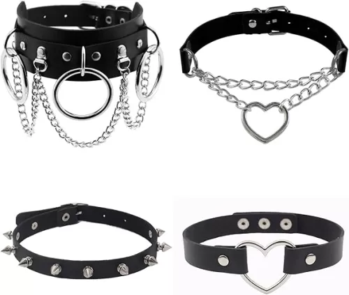 4Pcs Halloween Cool Steampunk Love Heart Shaped Gothic Goth Punk Rock Rivet Spike Studded PU Leather Choker Collar Necklace Sets for Women Lady Adjustable Cosplay Jewelry Night Club Party Costume Accessory Chocker Gift Black