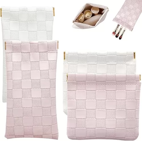 4PCS Small Makeup Bag for Purse, Mini Leather Pocket Cosmetic Bag for Women, Waterproof Portable Makeup Pouch No Zipper Coin Purse Lipstick Bag Accessories, Checkered Travel Storage Bag(White, Pink)