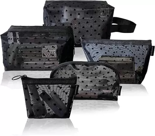 5-Piece Mesh Makeup Bag Set, Heart Printed Cosmetic Bags with Zipper, Portable Storage Organizers for Home, Office, Travel (Black)