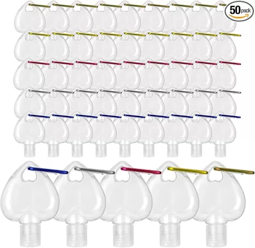 50 PCS Heart Shaped Plastic Clear Travel Bottles with Keychain, Hand Sanitizer Holder, Leakproof Refillable Empty Bottles Portable Squeeze Containers with Flip Cap for Liquid Toiletries(50ml/1.7oz)