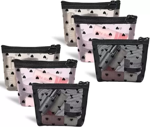 6 Pack Mini Mesh Makeup Bags, Heart Print Zipper Mesh Storage Pouch, Travel Cosmetic Accessories Organizer for Women (Black, Beige, Pink)