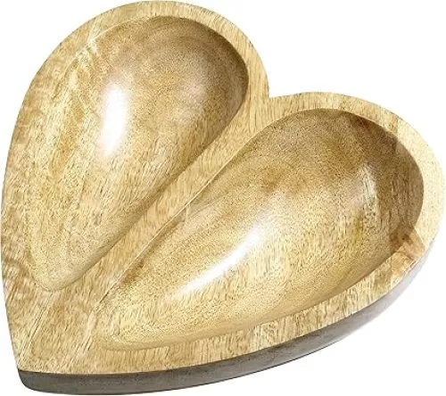 8 Inch Heart-Shaped Wooden Bowl - Decorative Wood Serving Bowl with 2 Partitions - Ideal for Salad, Fruit, Snacks, Desserts - Home Décor - Light Brown