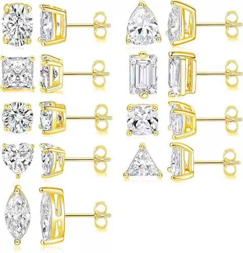 9 Pairs Stud Earrings Set 18K White/Yellow Gold Hypoallergenic Cubic Zirconia Round Square Teardrop Eye Heart CZ 4 Prong Stud Earring for Women and Men 6-11mm