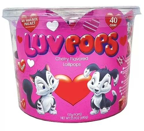 Adams & Brooks, Inc. Luv Pops Intense Cherry Flavored Heart-Shaped Lollipops Mailbox Tub Individually Wrapped Heart Lollipops for Valentines (40 Count Tub)